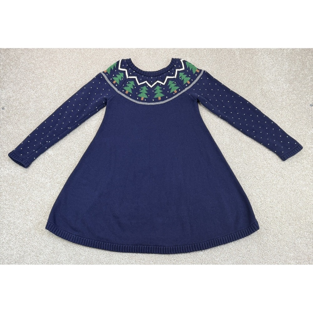 Hanna Andersson Navy Christmas Tree Fair Isle Knit Sweater Dress Girl Kid Size 8